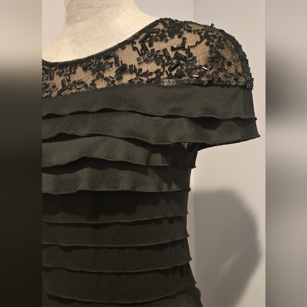 Tadashi Shoji black layered gown sparkly yoke w/ cap sleeves, train sz 6